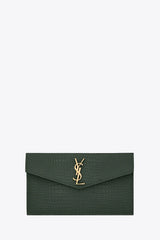 Saint Laurent Uptown Croc-Effect Leather Clutch – Dark Green