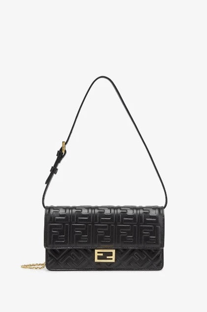 Fendi Wallet on Chain Baguette – Black Nappa Leather with Embossed FF Motif