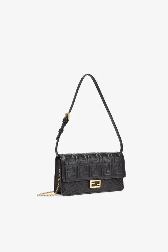 Fendi Wallet on Chain Baguette – Black Nappa Leather with Embossed FF Motif