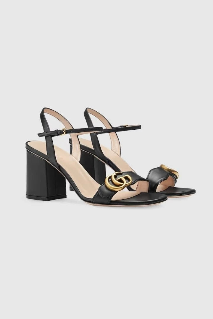 Gucci GG Marmont Ankle Strap Sandals – Black Leather, Gold-Tone Hardware