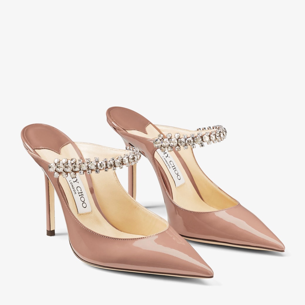 Jimmy Choo Bing 100 Mules – Ballet Pink Patent Leather with Crystal Strap