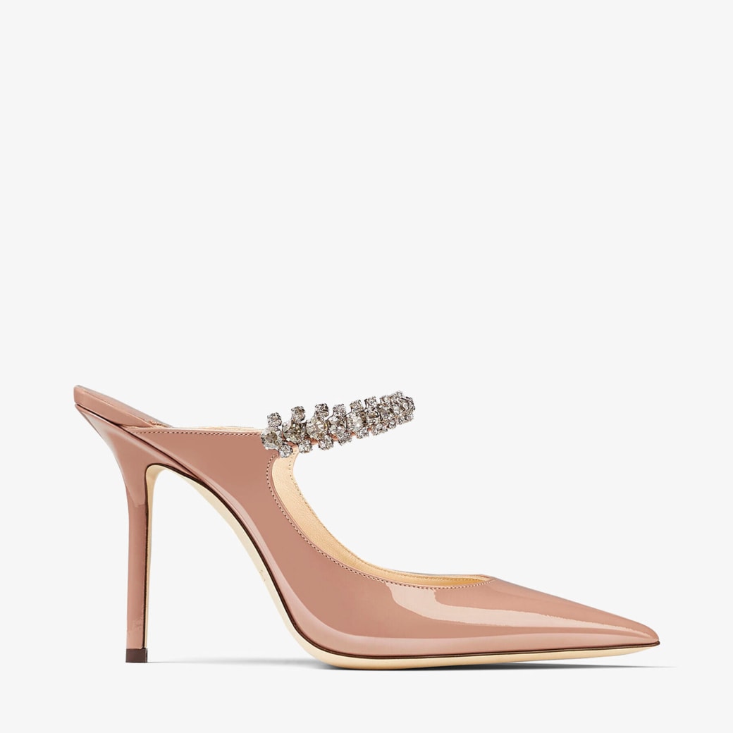 Jimmy Choo Bing 100 Mules – Ballet Pink Patent Leather with Crystal Strap