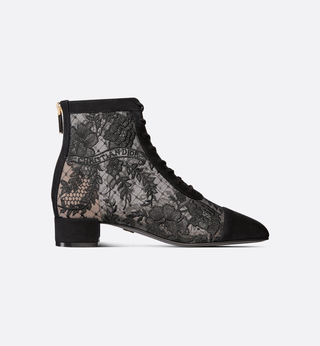 Dior Naughtily-D Heeled Ankle Boot – Transparent Mesh & Black Suede Goatskin with Dior Roses Embroidery