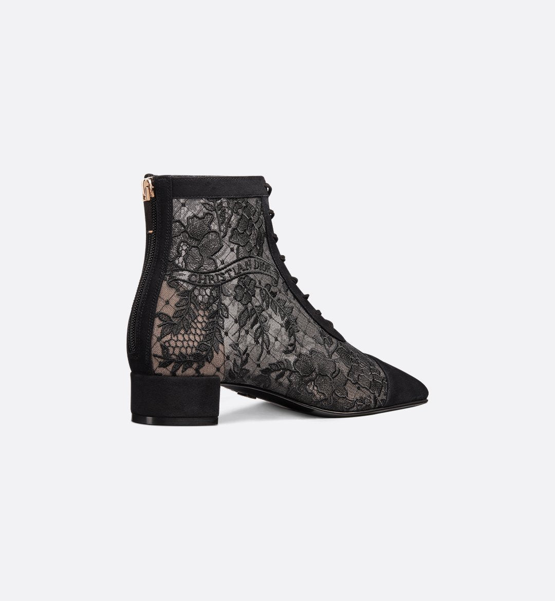 Dior Naughtily-D Heeled Ankle Boot – Transparent Mesh & Black Suede Goatskin with Dior Roses Embroidery