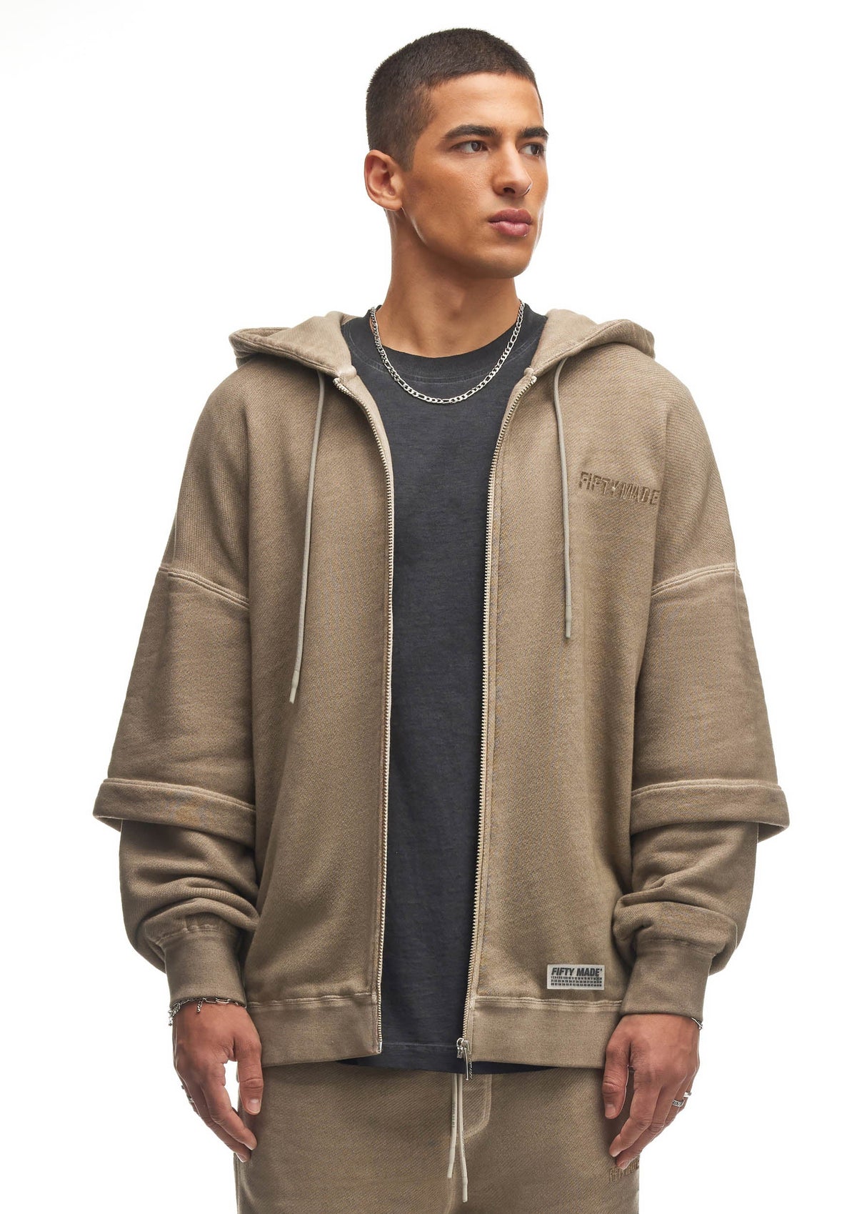 Oversized Vintage Zip Hoodie Beige