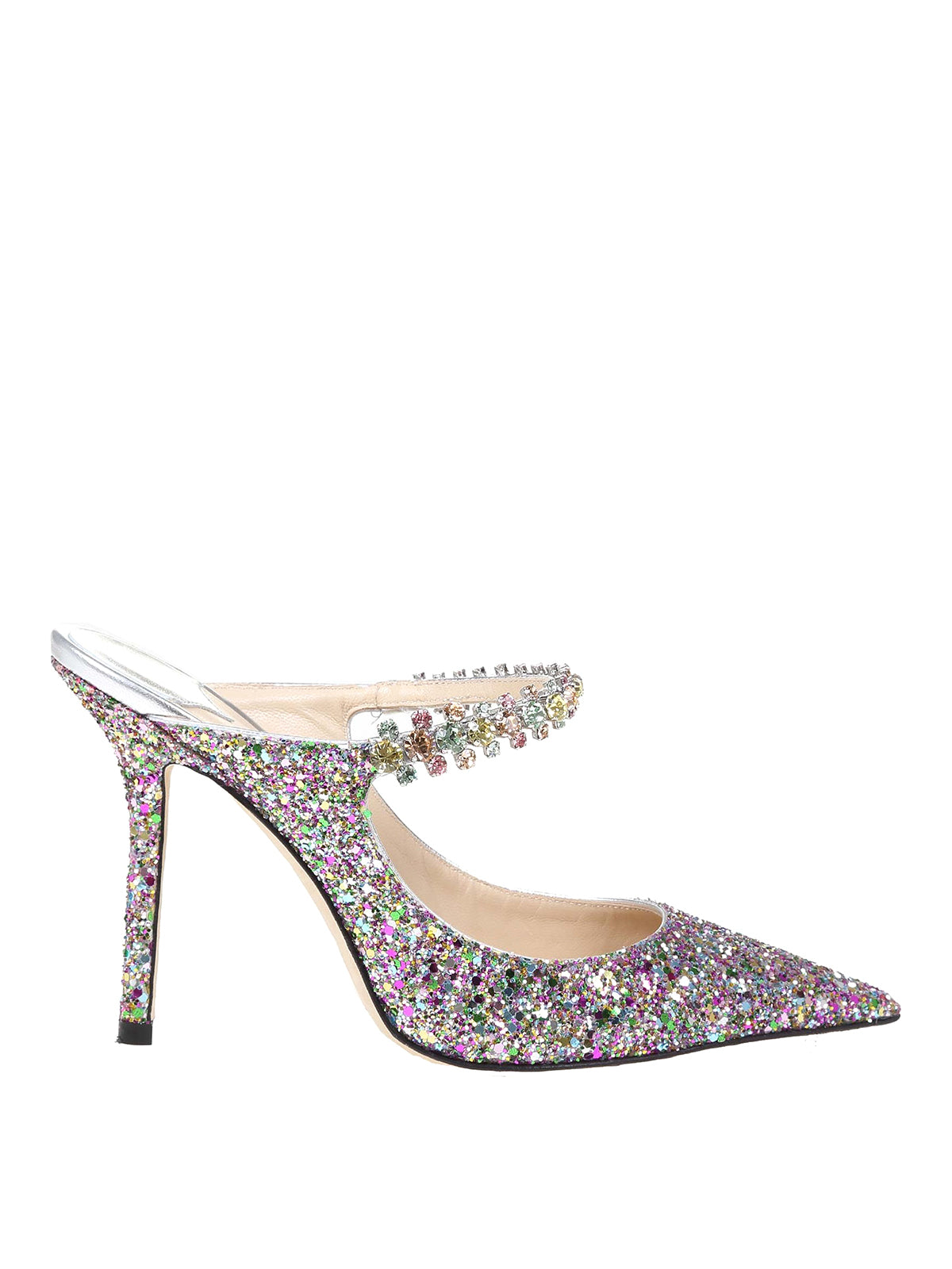 Mules in multicolor glitter fabric strap with crystal applications