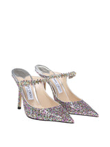 Mules in multicolor glitter fabric strap with crystal applications