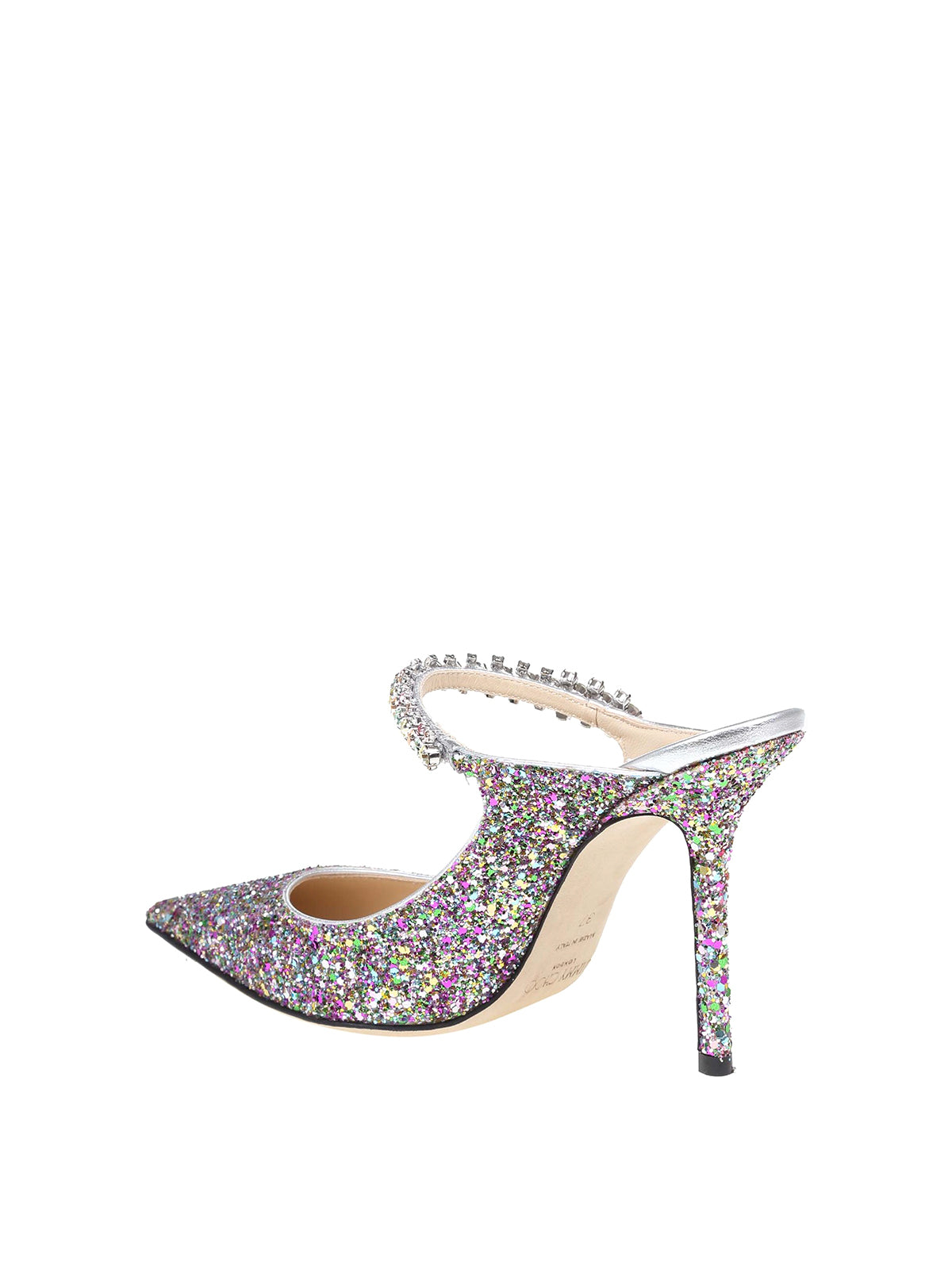 Mules in multicolor glitter fabric strap with crystal applications