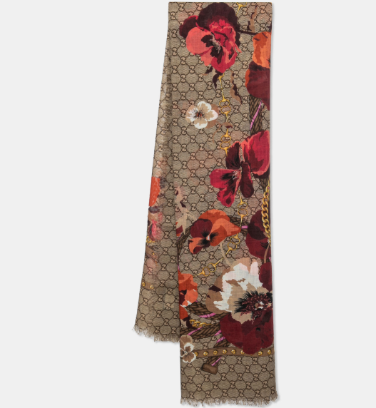 Gucci Beige GG Floral & Chain Print Wool Scarf