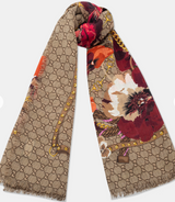 Gucci Beige GG Floral & Chain Print Wool Scarf