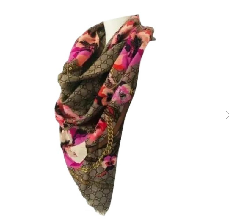 Gucci Gg Supreme Monogram Logo Light Floral Blooms Pink Ebony Beige New Shawl Scarf/Wrap