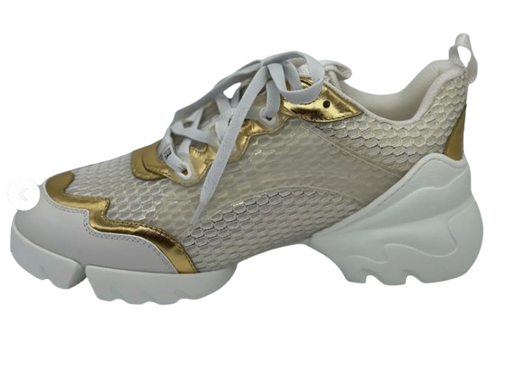 DIOR Women D CONNECT Leather Mesh Fabric Rubber Sneakers Shoes Gold White