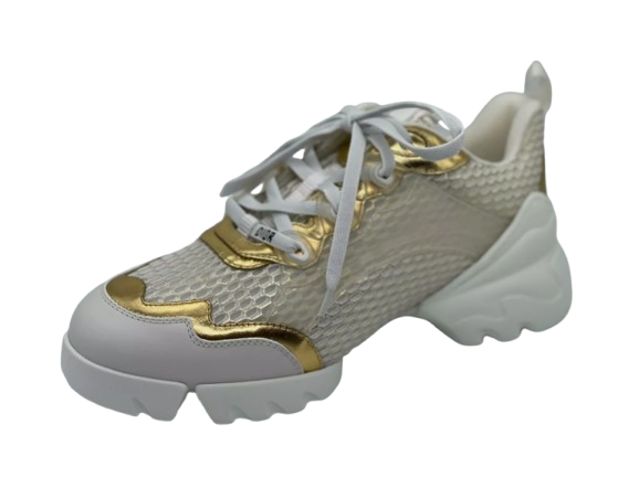 DIOR Women D CONNECT Leather Mesh Fabric Rubber Sneakers Shoes Gold White