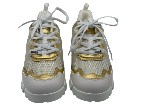 DIOR Women D CONNECT Leather Mesh Fabric Rubber Sneakers Shoes Gold White