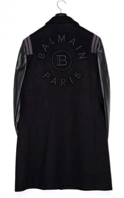 Balmain Paris Wool & Leather Varsity Coat Black