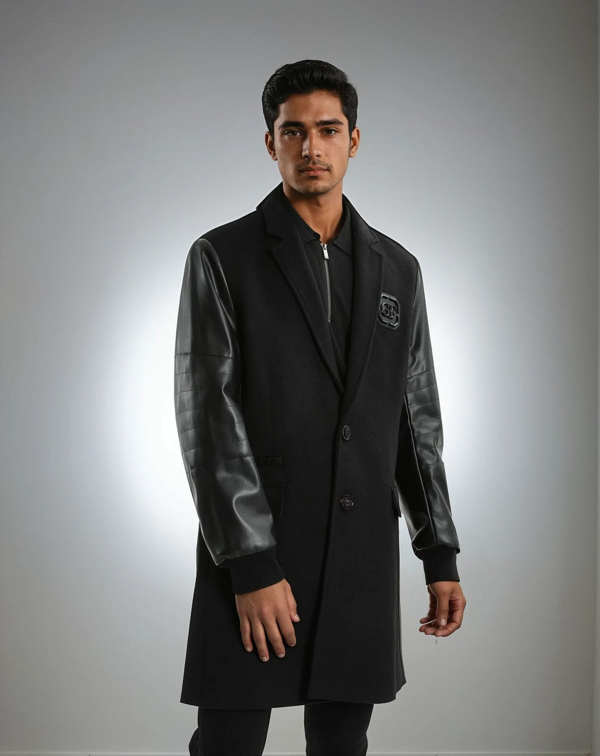 Balmain Paris Wool & Leather Coat Black