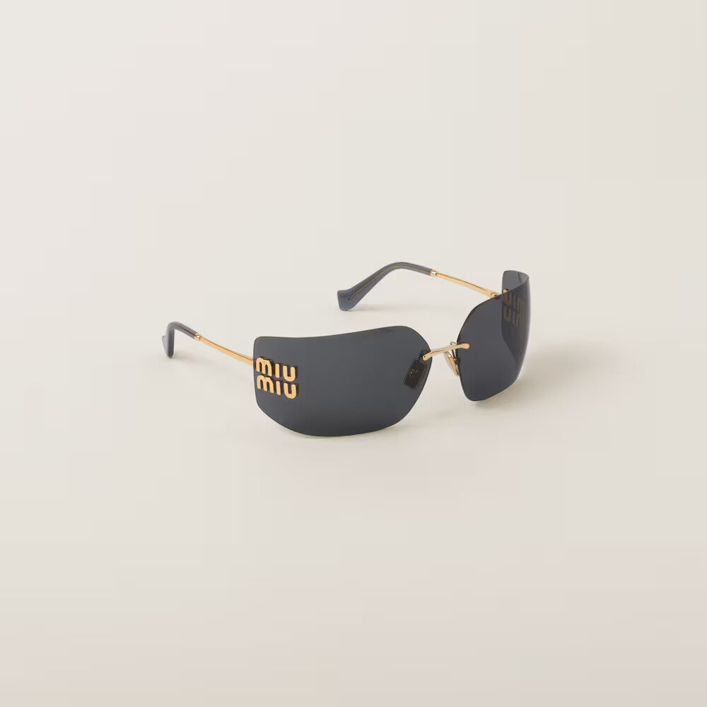 Miu Miu Runway Frameless Sunglasses â€“ Slate Gray Lenses & Gold Metal Frame