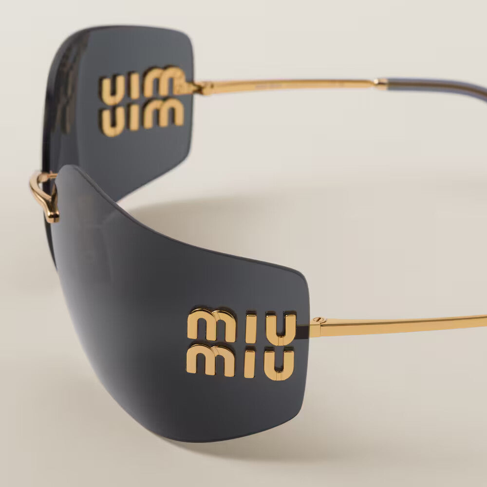 Miu Miu Runway Frameless Sunglasses â€“ Slate Gray Lenses & Gold Metal Frame